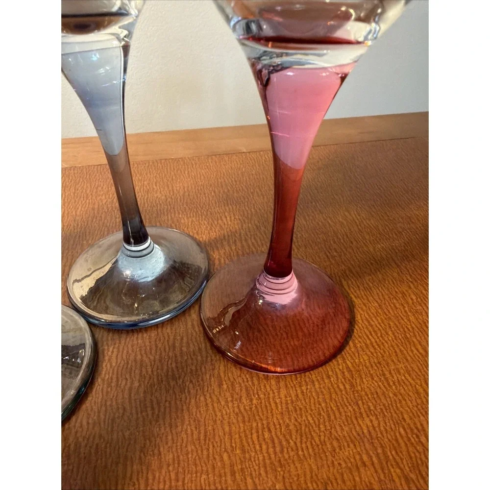 Vtg Champagne Toasting Flutes Colored Iridescent Stem Gold Trim Wedding Set Of 4